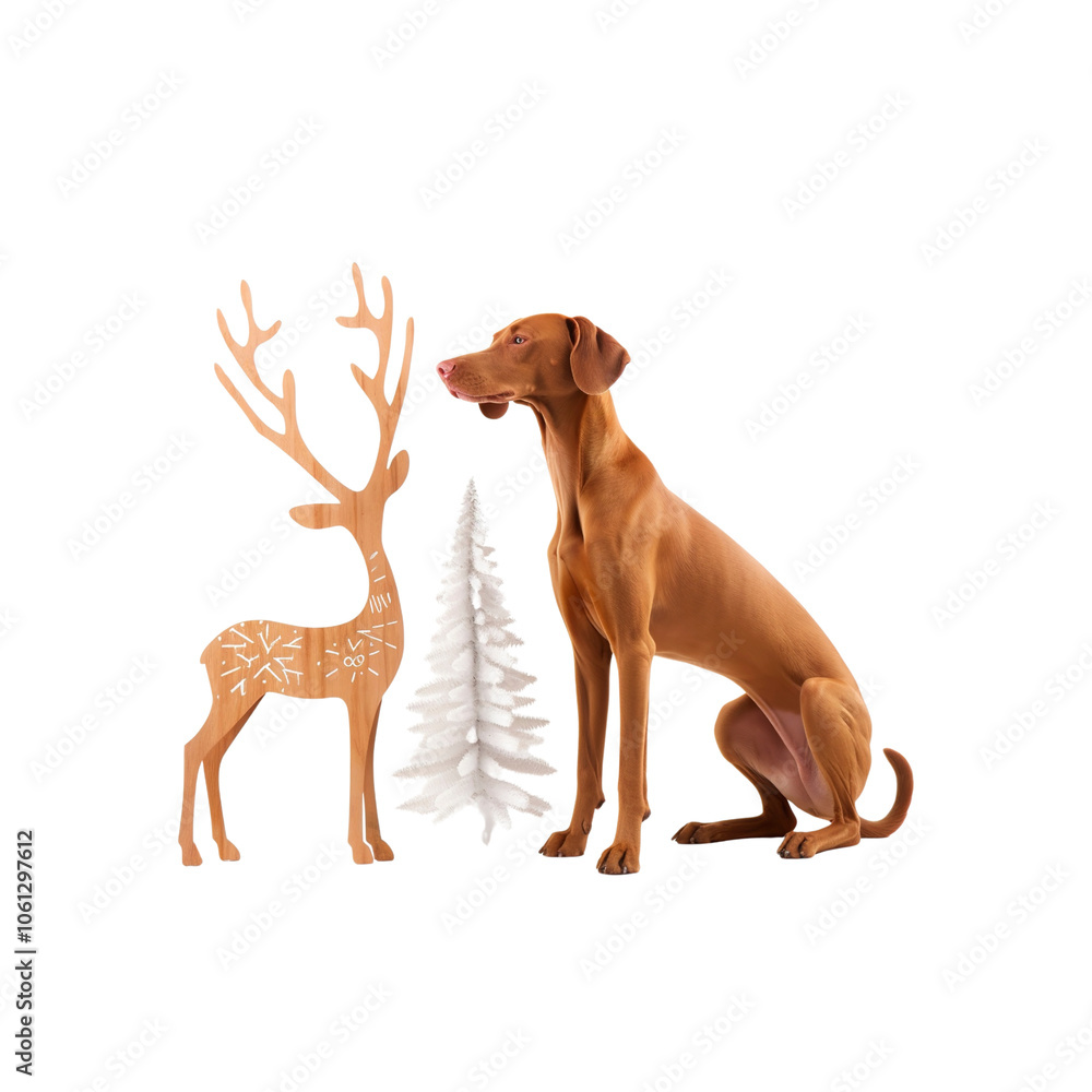 Hungarian Vizsla Dog by a Christmas Tree with a Wooden Reindeer Hungarian Vizsla Dog by a Christmas Tree with a Wooden Reindeer
