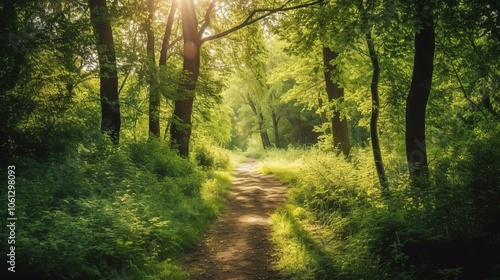 Sunlit Path Through Lush Green Forest