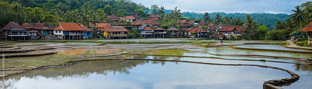 A serene landscape featuring terraced rice fields and traditional houses amidst lush greenery. A serene landscape featuring terraced rice fields and traditional houses amidst lush greenery.