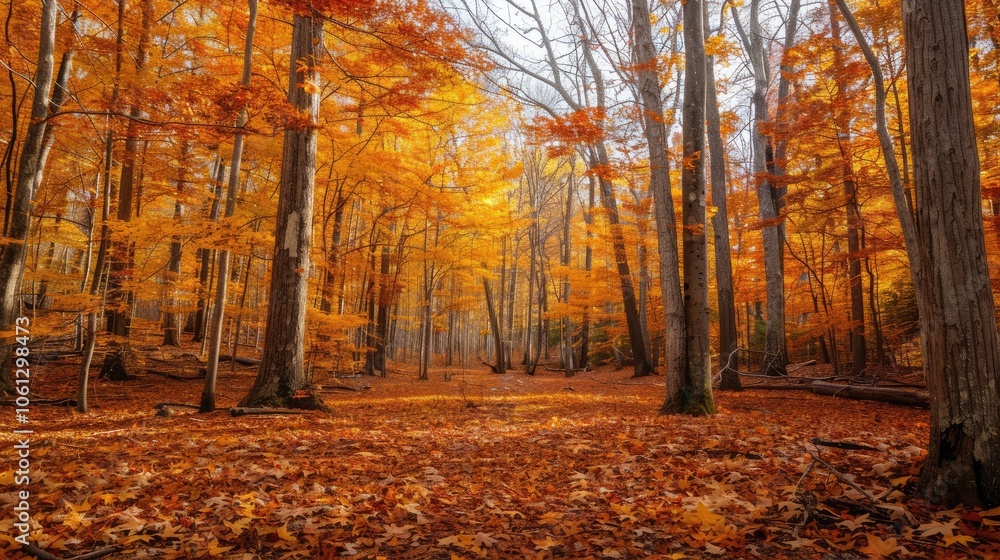 Obraz premium Vibrant fall hues in woodland, flat