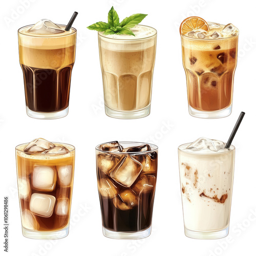 Wallpaper Mural Assortment of iced coffee drinks in glasses with diverse toppings, showcasing delicious and refreshing cold beverage variety for coffee lovers. Torontodigital.ca