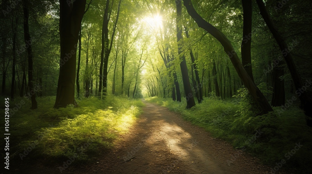 Naklejka premium Serene Forest Path with Sunlight Glimpse