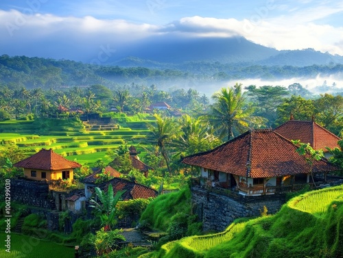Wallpaper Mural Serene landscape featuring terraced rice fields and traditional Balinese architecture. Torontodigital.ca