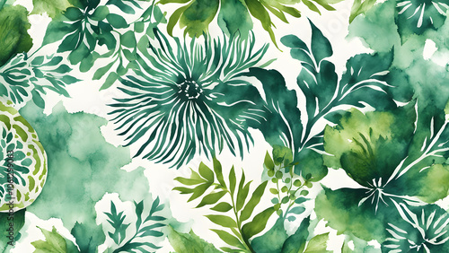 A green and white floral pattern with a green leafy background