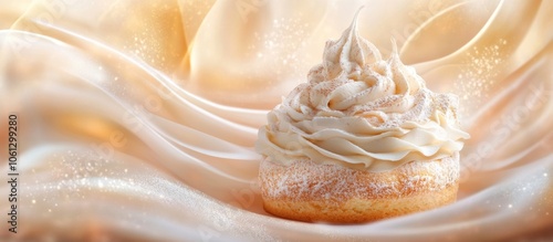 A single, creamy, frosted pastry sits on a soft, peach-colored fabric with shimmering glitter.