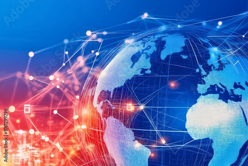 A digital earth with interconnected network lines in vibrant red and blue colors, symbolizing global connectivity and communication in a modern digital age.