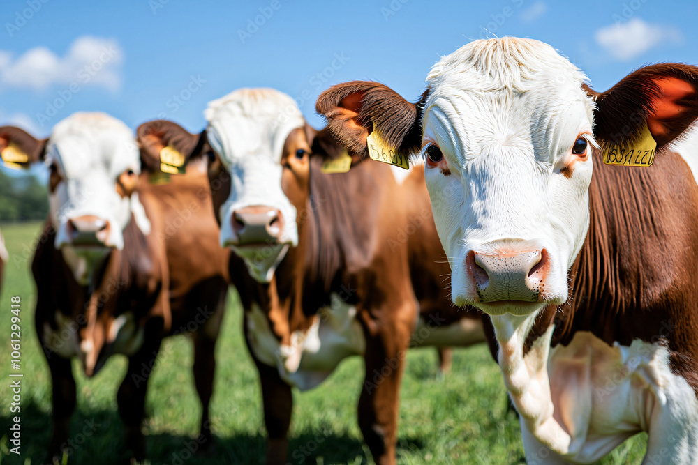 grazing cattle on lush green meadow, blue sky backdrop grazing cattle on lush green meadow, blue sky backdrop