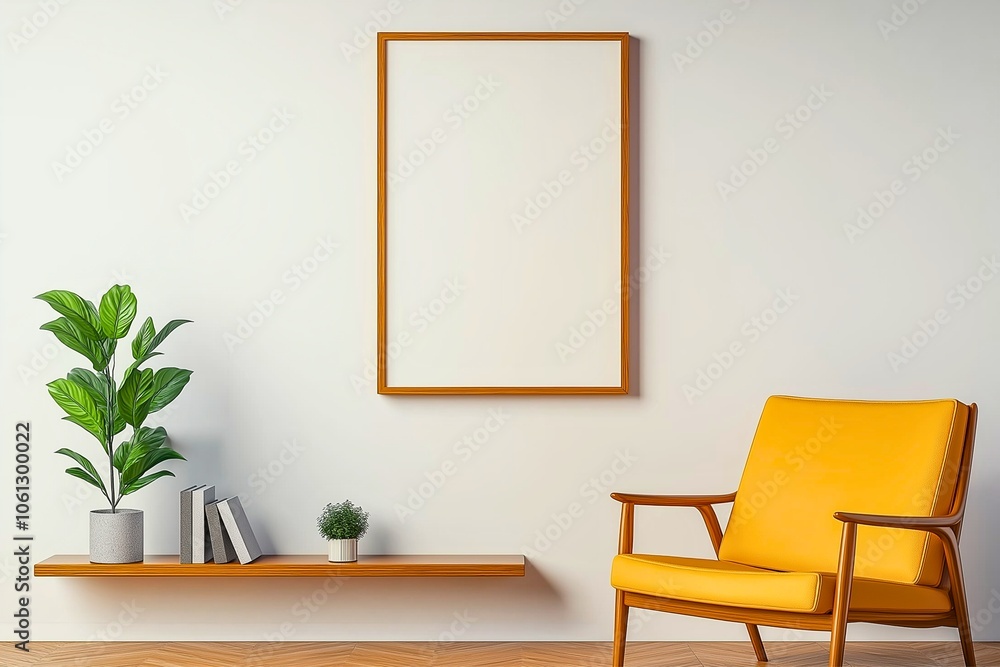 A stylish interior showcases a yellow chair, a plant on a floating shelf, and an empty wooden frame on a beige wall, symbolizing modern simplicity and comfort. A stylish interior showcases a yellow chair, a plant on a floating shelf, and an empty wooden frame on a beige wall, symbolizing modern simplicity and comfort.