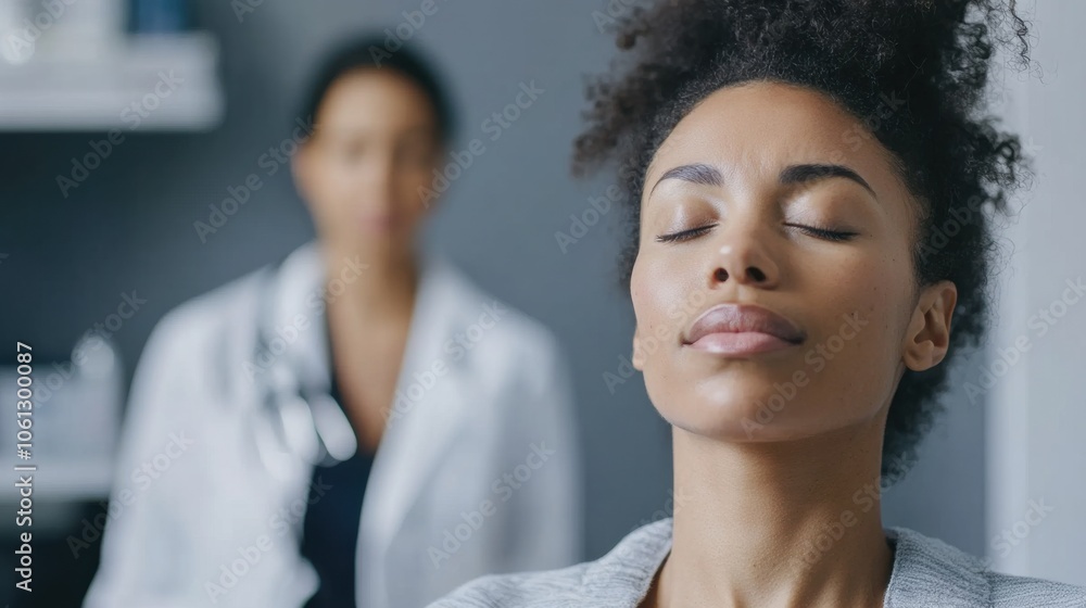Female patient seated in a medical setting, eyes closed as doctors assess her face, ideal for a thorough and caring medical assessment Female patient seated in a medical setting, eyes closed as doctors assess her face, ideal for a thorough and caring medical assessment