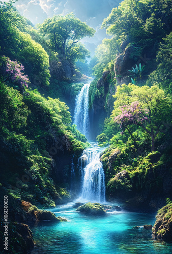 Fototapeta Naklejka Na Ścianę i Meble -  majestic waterfall cascading down a mountain in a tropical paradise, Close up photo of nature waterfall