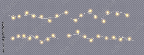 Holiday fairy lights golden glowing realistic icons vector set. Christmas party ornament with lamps garlands 3d objects illustrations on transparent