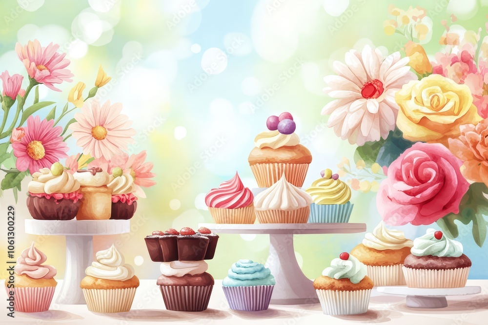 Colorful display of delicious cupcakes surrounded by vibrant flowers, perfect for celebration themes. Colorful display of delicious cupcakes surrounded by vibrant flowers, perfect for celebration themes.