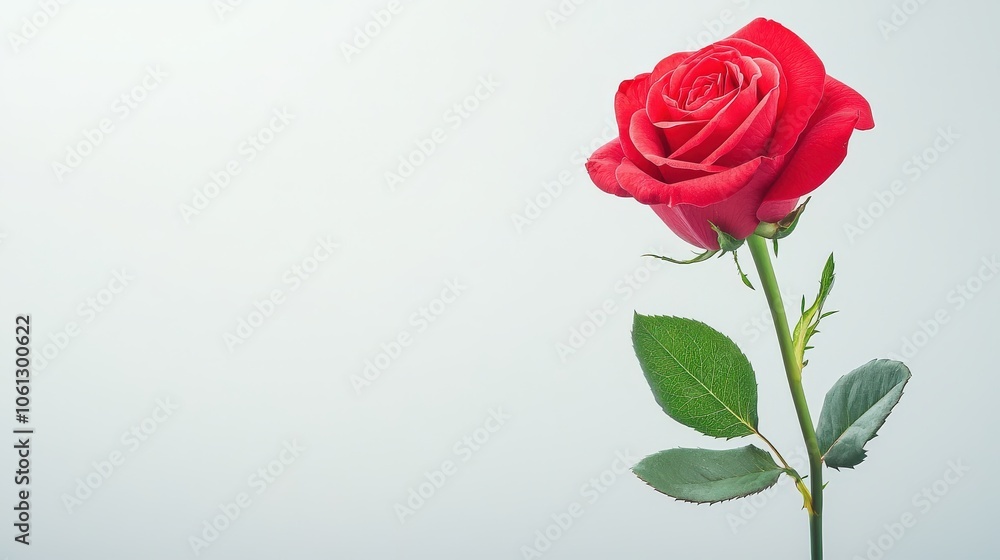 Fototapeta premium A classic red rose fully bloomed and set against a clean white background, capturing elegance and romance.