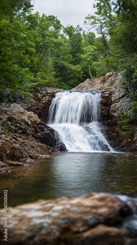 majestic waterfall cascading down a mountain in a tropical paradise, Close up photo of nature waterfall