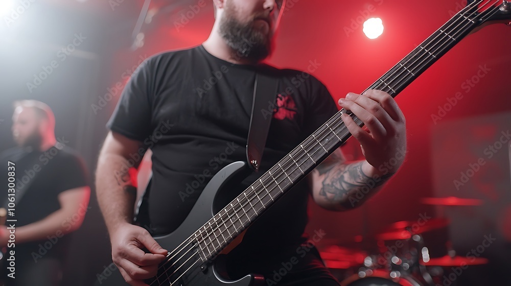 Obraz premium Musician strums bass guitar with passion during live performance in dramatic lighting