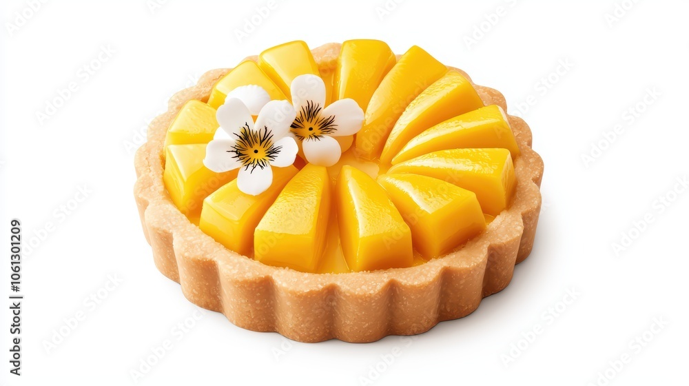 Delicious mango tart topped with fresh mango slices and delicate flowers, isolated on a white background. Delicious mango tart topped with fresh mango slices and delicate flowers, isolated on a white background.