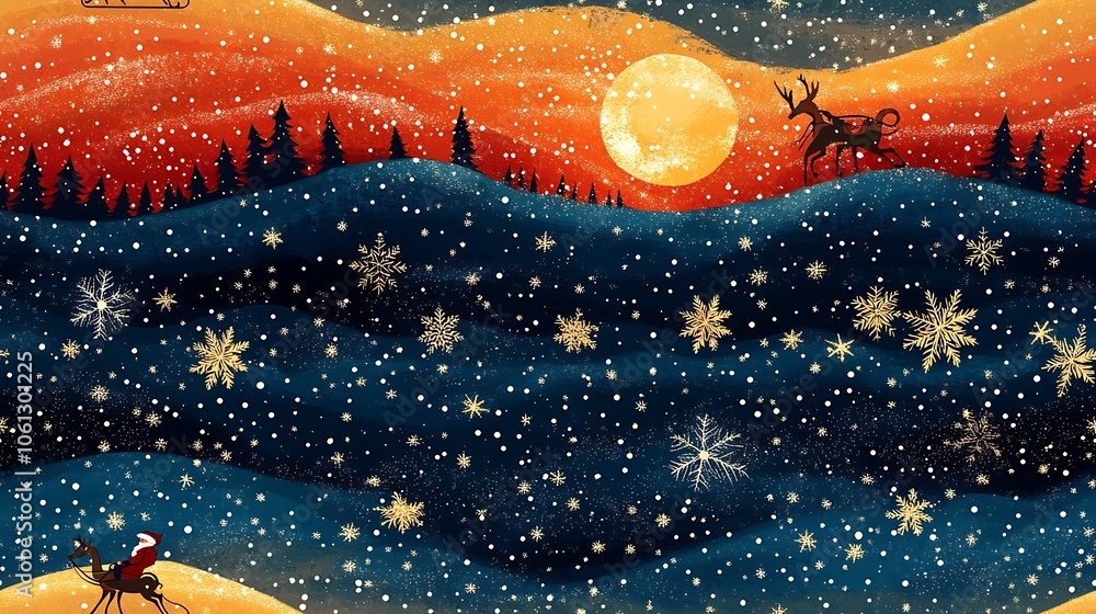 A seamless Christmas Eve scene of Santa’s sleigh and reindeer silhouetted against a moonlit, snowflake-filled sky. A seamless Christmas Eve scene of Santa’s sleigh and reindeer silhouetted against a moonlit, snowflake-filled sky.