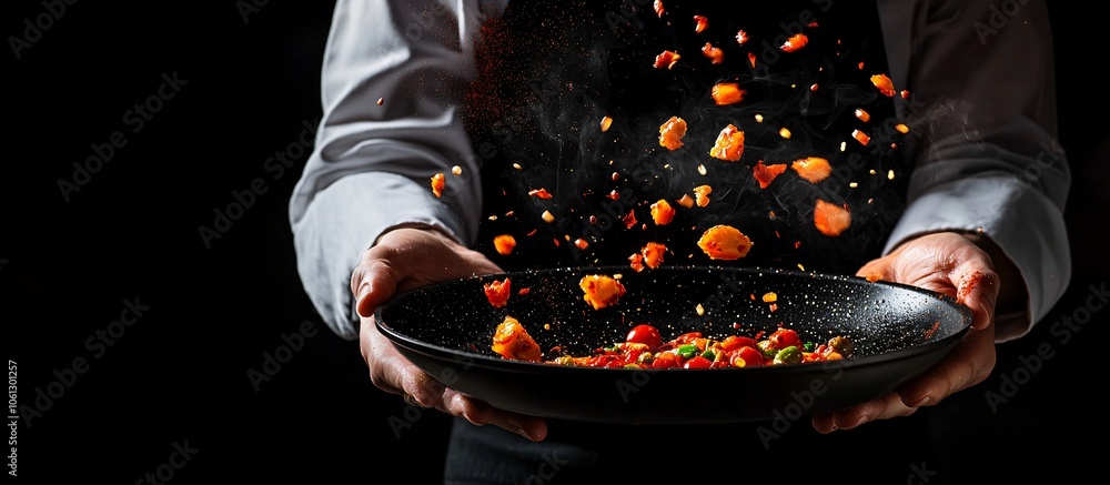 Obraz premium Chef Tossing Food in a Pan with Smoke and Spice