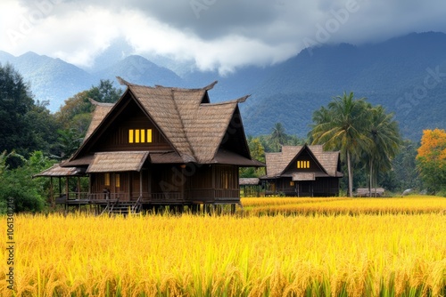 Serene rural landscape featuring traditional wooden houses near golden rice fields and mountains.