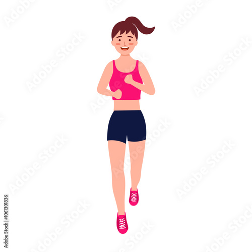 Running woman with front view vector illustration. Marathon runner.