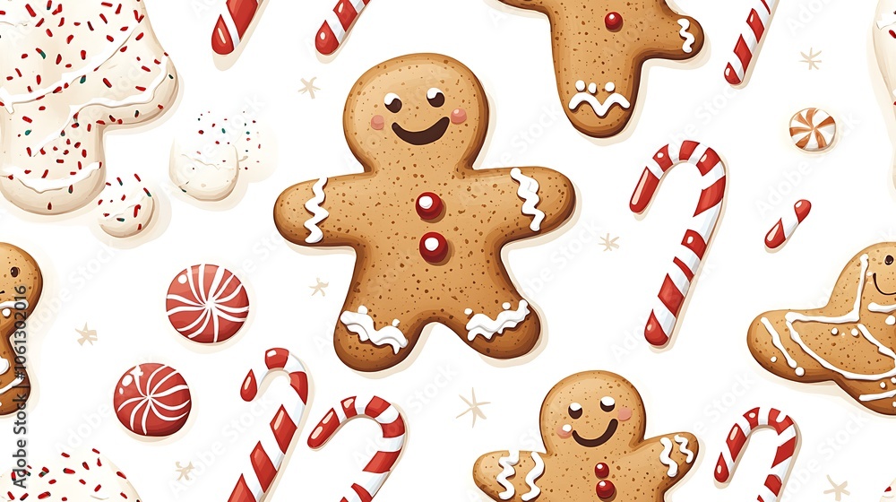 A seamless holiday pattern featuring gingerbread men with happy expressions, colorful candy canes, and intricately decorated Christmas cookies. Each treat has charming details in a bright, A seamless holiday pattern featuring gingerbread men with happy expressions, colorful candy canes, and intricately decorated Christmas cookies. Each treat has charming details in a bright,