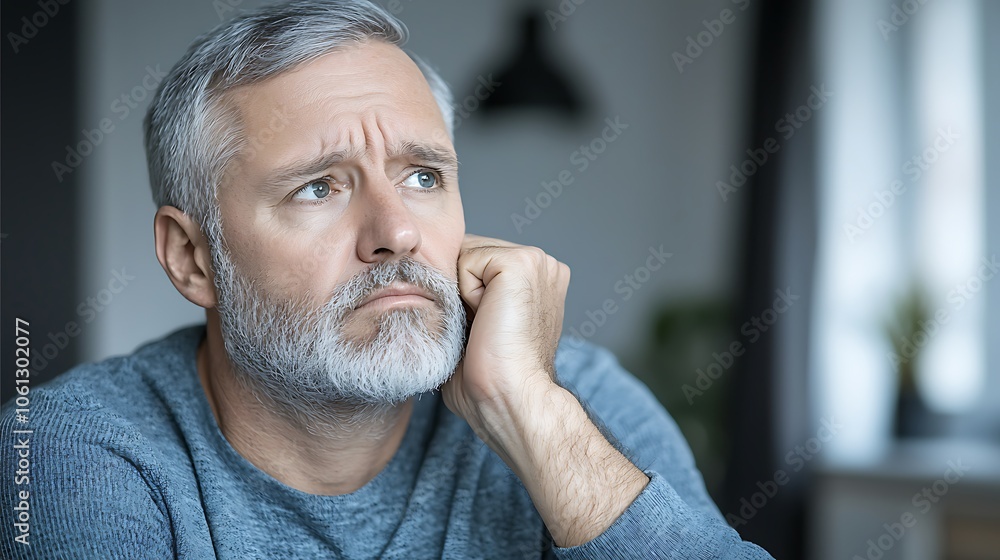 Obraz premium Older man contemplates life choices in quiet reflection during indoor setting