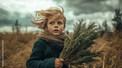 Funny image of a boy clutching a fledgling tree in a strong gust, hair and clothes blown back, perfect outdoor humor scene photo