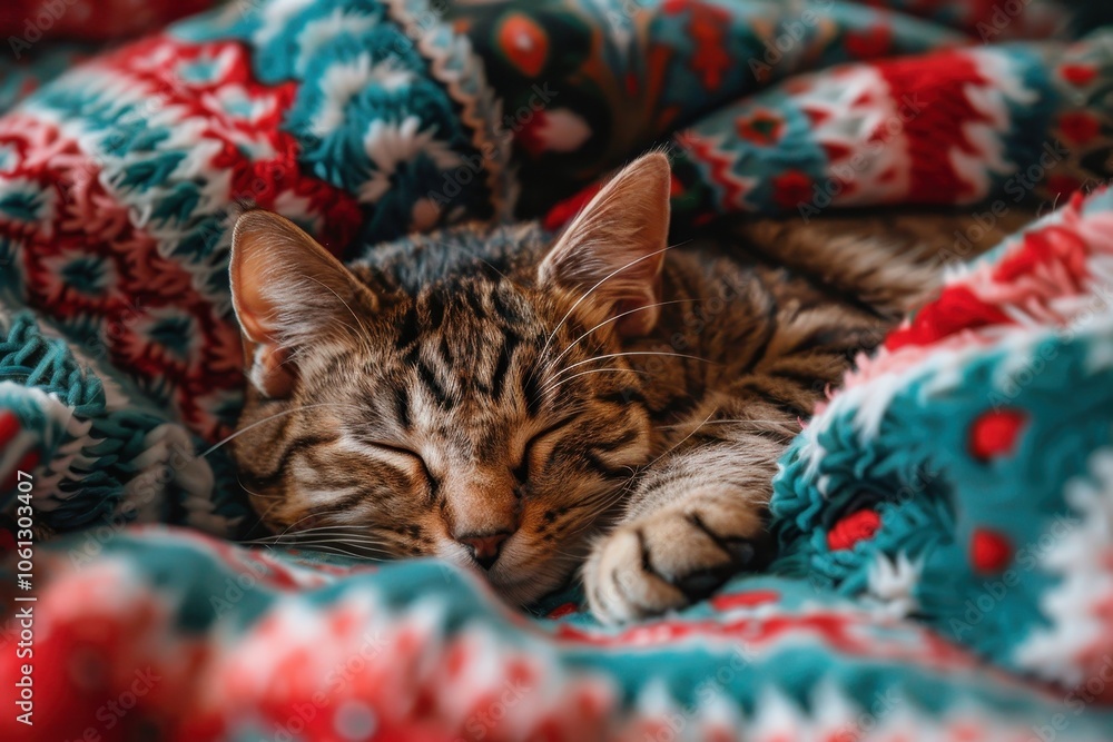 A cozy tabby cat sleeping on a colorful knitted blanket, creating a warm and inviting atmosphere. A cozy tabby cat sleeping on a colorful knitted blanket, creating a warm and inviting atmosphere.