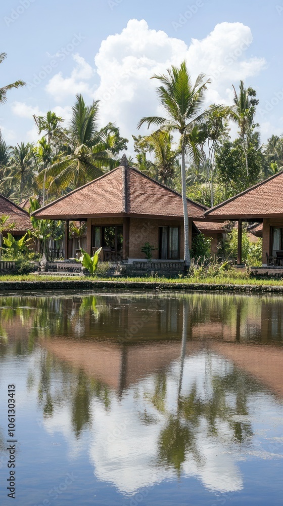 Serene view of traditional huts by a calm pond surrounded by lush greenery. Serene view of traditional huts by a calm pond surrounded by lush greenery.