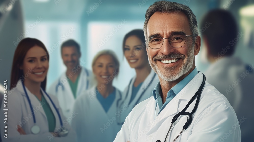 Group of smiling doctors in a hospital background, representing a dedicated healthcare team and professional unity Group of smiling doctors in a hospital background, representing a dedicated healthcare team and professional unity