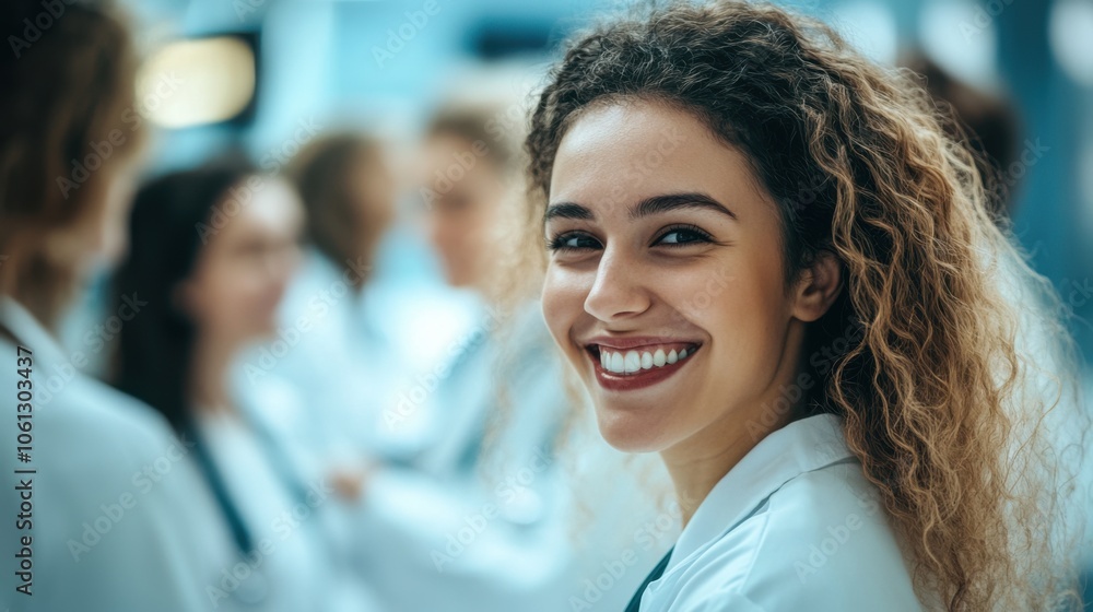 Group of smiling doctors in a hospital background, representing a dedicated healthcare team and professional unity Group of smiling doctors in a hospital background, representing a dedicated healthcare team and professional unity
