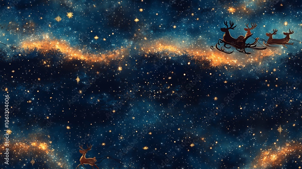 A seamless pattern of Santa’s sleigh with reindeer soaring across a starry winter sky, surrounded by twinkling stars and gentle snowflakes. A seamless pattern of Santa’s sleigh with reindeer soaring across a starry winter sky, surrounded by twinkling stars and gentle snowflakes.