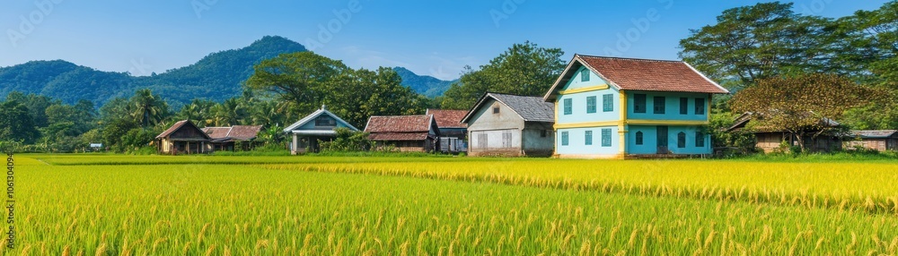 Serene landscape featuring rice fields and traditional houses under a clear blue sky. Serene landscape featuring rice fields and traditional houses under a clear blue sky.