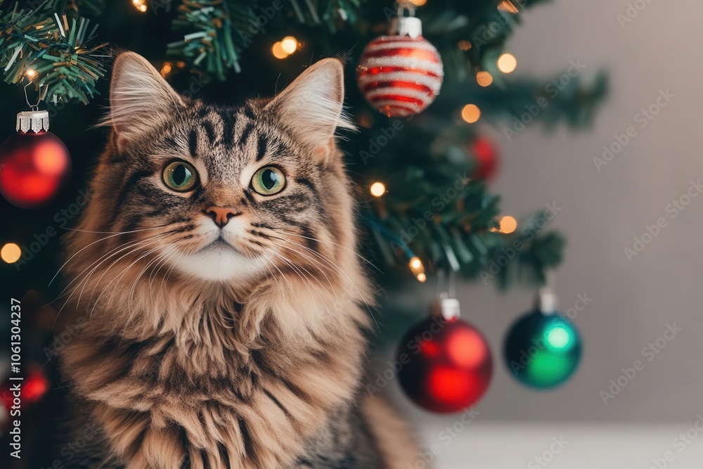 A festive cat sits elegantly in front of a decorated Christmas tree, surrounded by colorful ornaments and twinkling lights. A festive cat sits elegantly in front of a decorated Christmas tree, surrounded by colorful ornaments and twinkling lights.
