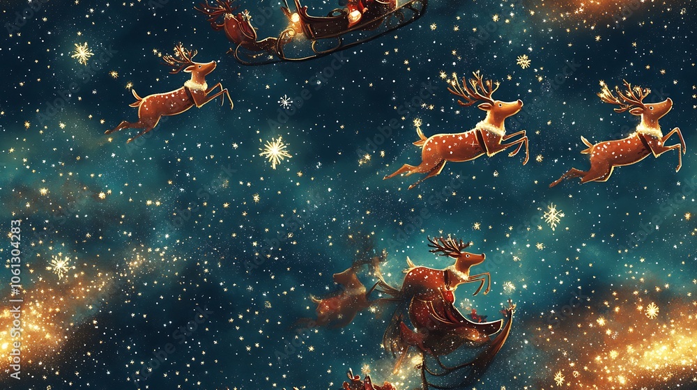A whimsical pattern of Santa’s sleigh and reindeer against a midnight sky, with twinkling stars and snowflakes floating around. Each reindeer has festive details, A whimsical pattern of Santa’s sleigh and reindeer against a midnight sky, with twinkling stars and snowflakes floating around. Each reindeer has festive details,