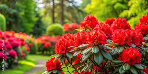 Bright red rhododendron bush in foreground against green garden backdrop