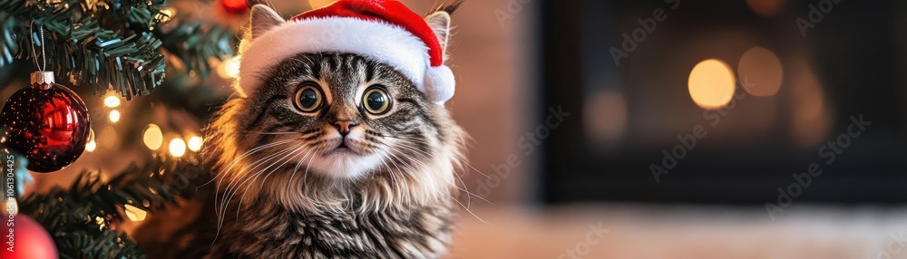 A festive cat wearing a Santa hat sits by a decorated Christmas tree, creating a cozy holiday atmosphere. A festive cat wearing a Santa hat sits by a decorated Christmas tree, creating a cozy holiday atmosphere.