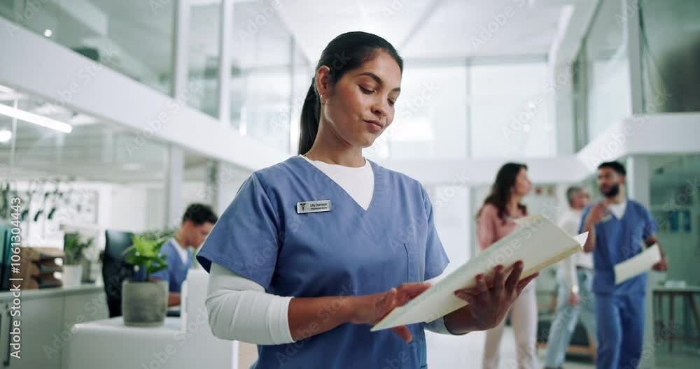 Hospital, woman and nurse with document for reading, diagnosis results and medical record in clinic. Healthcare, female person and employee with patient file for information, test report or checklist Hospital, woman and nurse with document for reading, diagnosis results and medical record in clinic. Healthcare, female person and employee with patient file for information, test report or checklist