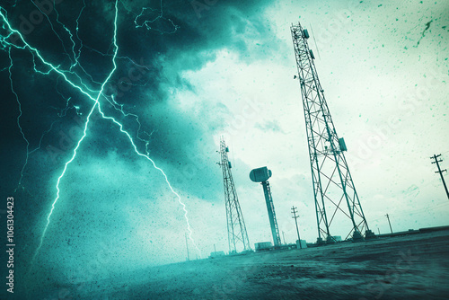 HAARP facility radio towers against stormy sky, visible electromagnetic waves photo