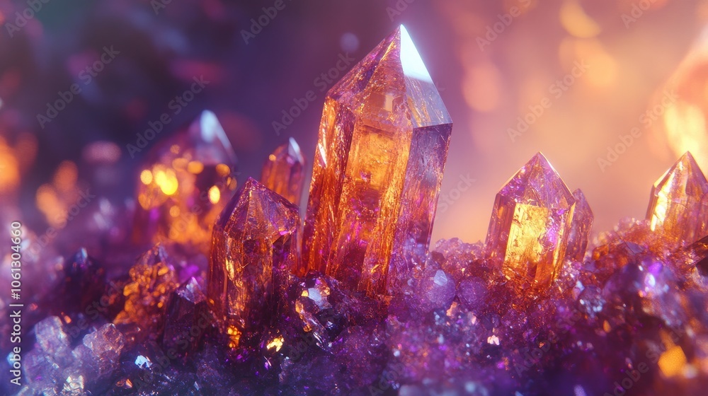 A detailed view of shimmering crystal structures, capturing the raw beauty of natural gemstones A detailed view of shimmering crystal structures, capturing the raw beauty of natural gemstones