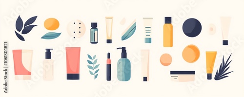 Premium skincare set, diverse colors and unique shapes, flat design illustration