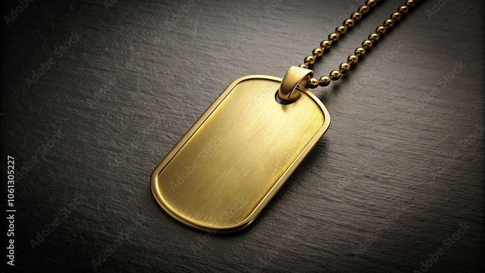 Fototapeta premium Shiny golden dogtag on a dark background, gold, dogtag, military, identification, accessory, shiny, metallic, personalized