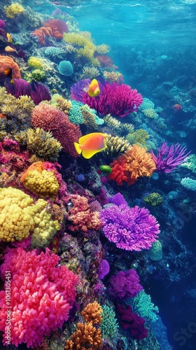 Aerial view of a lively coral reef underwater with colorful marine life