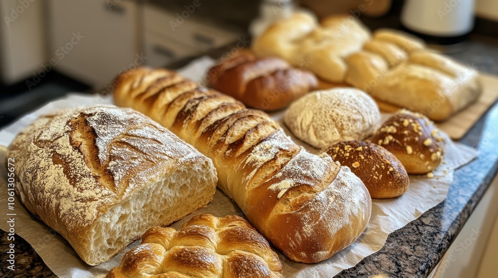 Freshly baked bread and pastries on a kitchen counter a delightful culinary display of homemade goodness Freshly baked bread and pastries on a kitchen counter a delightful culinary display of homemade goodness