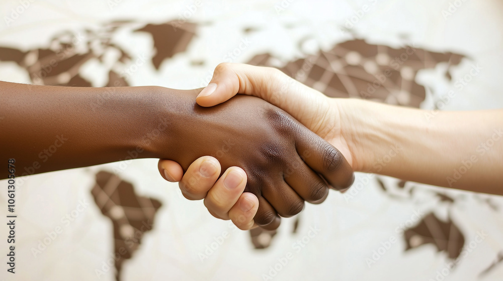 Fototapeta premium Symbolic Handshake Representing Global Unity and Diversity with World Map Background