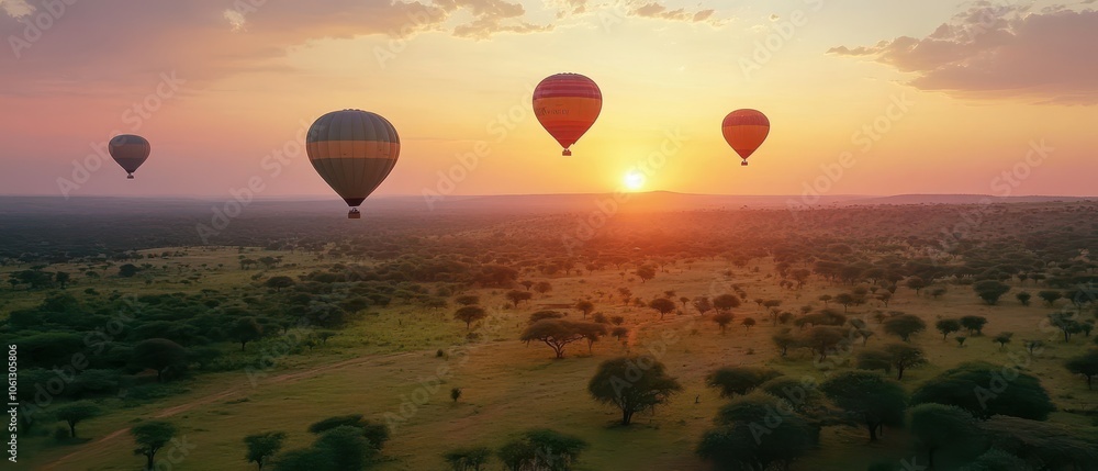 Naklejka premium Colorful hot air balloons gracefully floating over a lush valley at sunset creating a captivating landscape scene