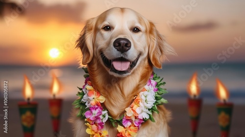 A cheerful golden retriever wearing a floral lei smiles against a beautiful sunset backdrop with tiki torches.