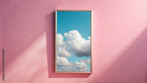 Clear summer sky reflecting in mirror against pastel pink wall photo