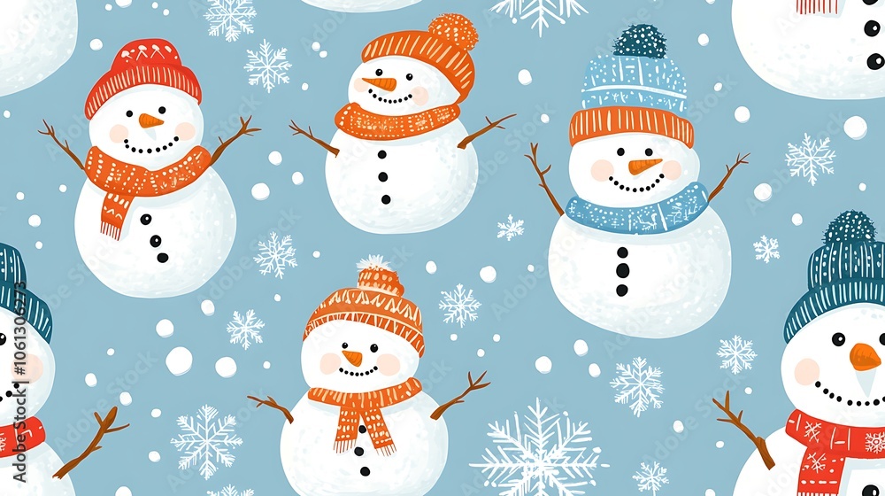 Cute snowmen with winter scarves, beanies, and carrot noses scattered across a snowy background with snowflakes, arranged in a seamless cartoon pattern. Each snowman has a joyful expression, Cute snowmen with winter scarves, beanies, and carrot noses scattered across a snowy background with snowflakes, arranged in a seamless cartoon pattern. Each snowman has a joyful expression,