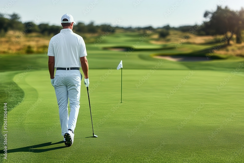 Fototapeta premium A golfer walks on a lush green course towards the flag, dressed in white, showcasing a tranquil, focused moment in the game.